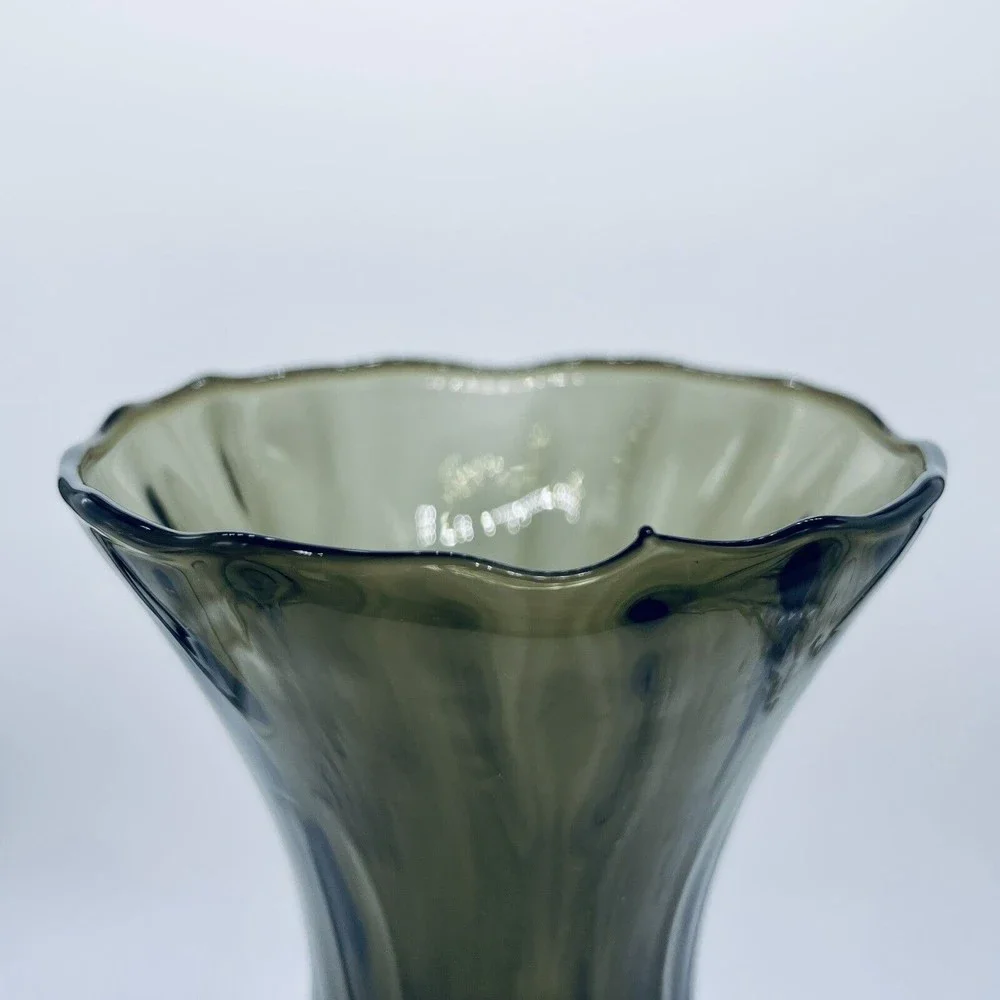 Smoke Glass Handblown Vase Footed Pedestal Textured Ruffled Green Gray 10
